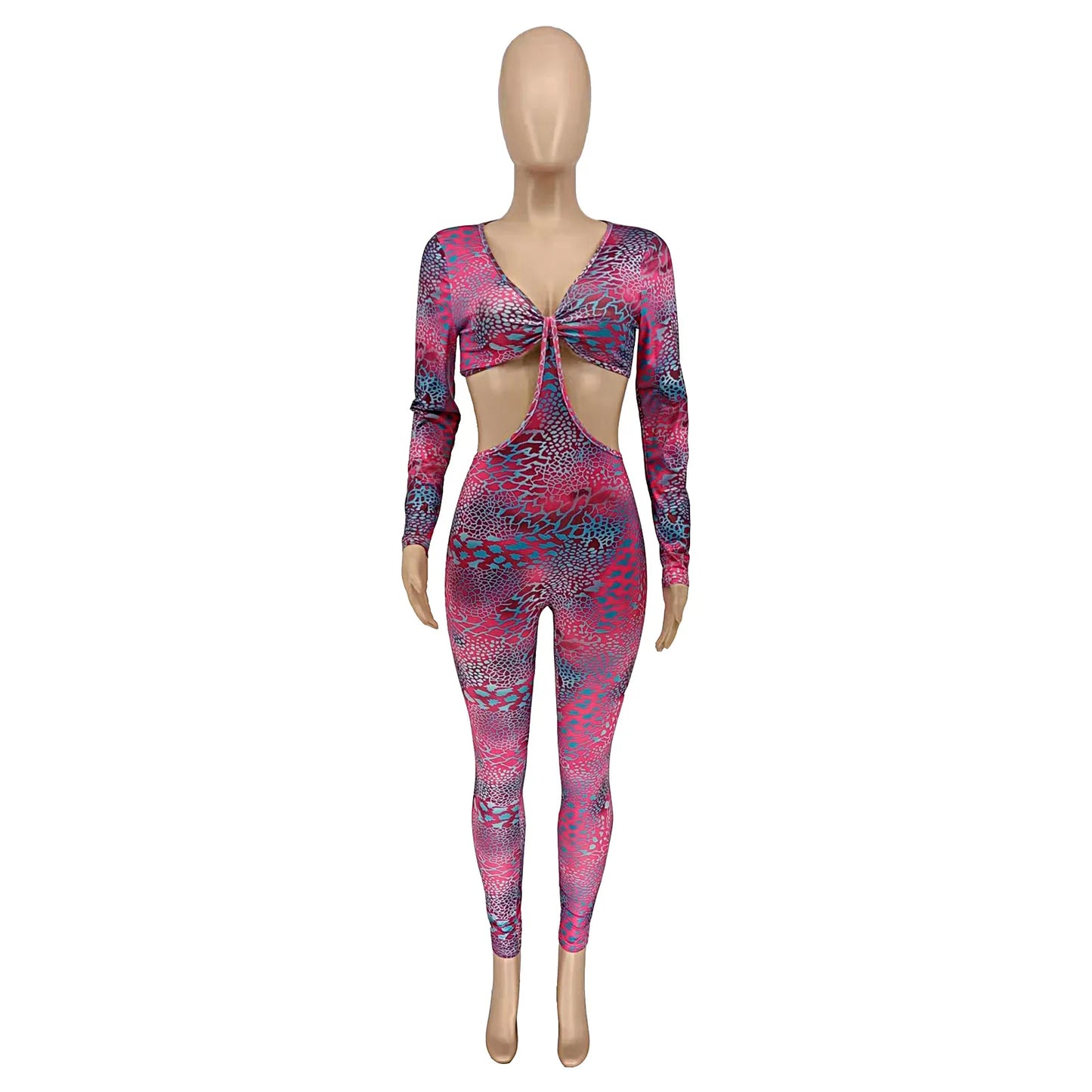Snake skin V-neck Backless Jumpsuit