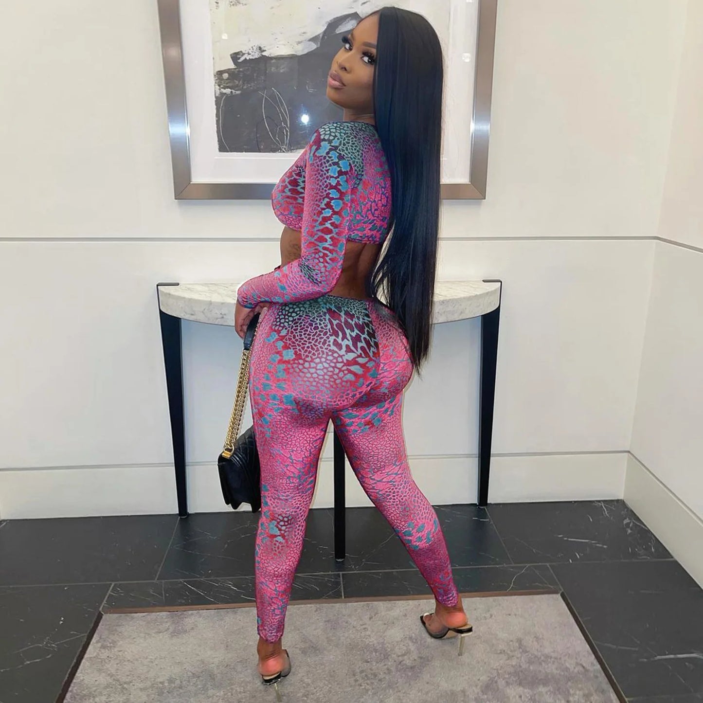 Snake skin V-neck Backless Jumpsuit