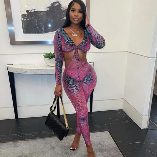 Snake skin V-neck Backless Jumpsuit