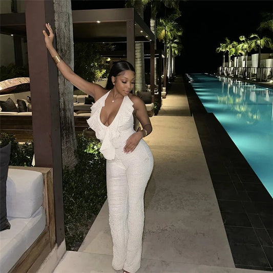 Stacked Ribbons Halter Deep V-Neck Jumpsuit