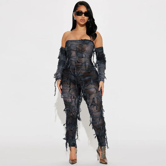 Tie Dye Fringe Strapless Off Shoulder Long Sleeve One Piece