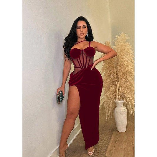 Velvet Mesh High Split Dress